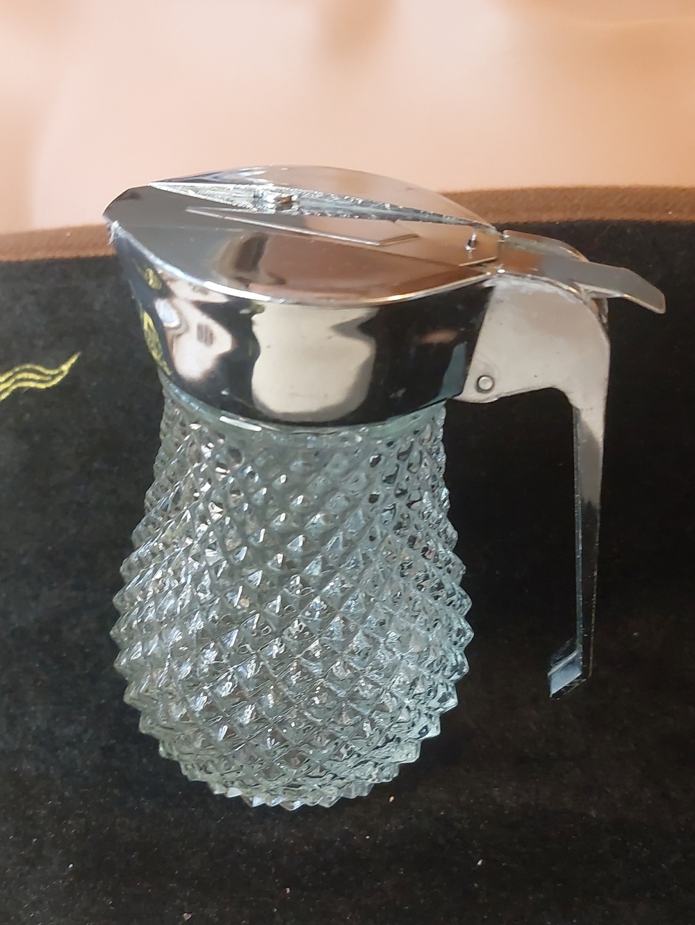 💚3/$25 Vintage Diamond Point Textured Glass Syrup Dispenser